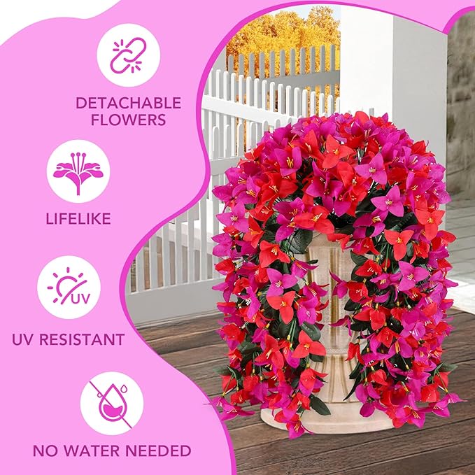 Artificial Bougainvillea Flowers for Outdoor Plant,2 pcs Faux Hanging Flowers Bougainvillea for Outside Decoration,Fake Silk UV Resistant Vines for Front Door Porch(Rose red+Fuchsia)