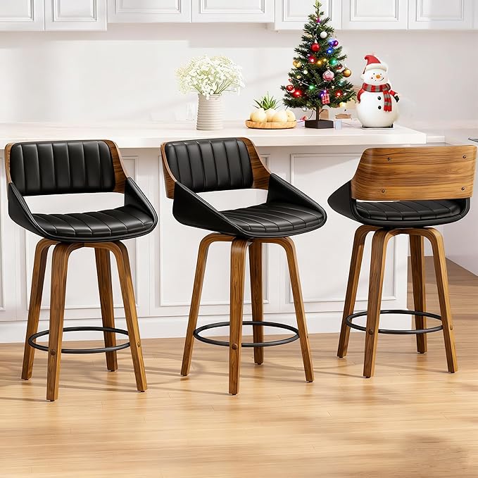 Bar Stools Set of 3, 26" Swivel Counter Height Barstools with Walnut Bentwood Back and Legs, Mid-Century Modern Faux Leather Upholstered Bar Chairs with footrest for Bar, Kitchen Island, café, Black