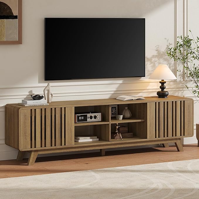 ONBRILL 70-Inch TV Stand for TVs up to 80 Inch, Mid-Century Modern Television Stand with Power Outlet， Entertainment Center with Sliding Grille Door Cabinets and Open Shelves for Living Room, Oak