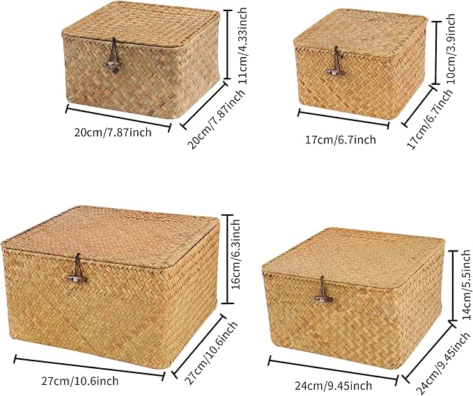 Wicker Shelf Baskets with Lid, Handwoven Seagrass Storage Basket Bins Square Gift Boxes for Shelves Home Decor Organizer (Natural, Set of 4)