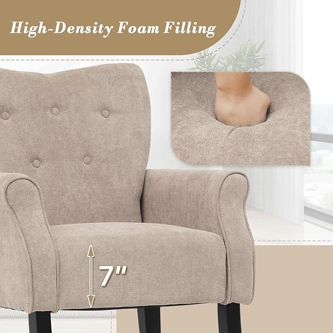 Athena Collection Mid Century Modern Chair for Living Room, Upholstered Wingback Reading Chair for Adults, Comfy Linen Fabric Armchair with Wooden Legs for Bedroom, Dorm, Balcony, Beige