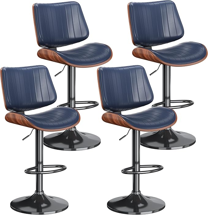 Swivel Bar Stools Set of 4, Adjustable Bentwood Barstools for Kitchen Counter, Modern PU Leather Upholstered Bar Chair with Back and Footrest, for Kitchen Island, Bar, Dining Room, Navy