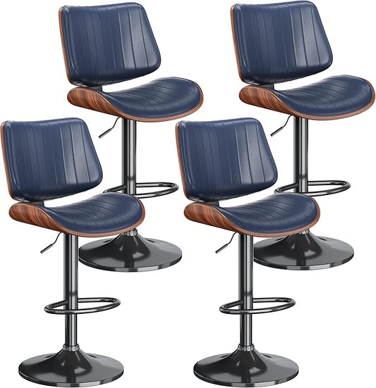 Swivel Bar Stools Set of 4, Adjustable Bentwood Barstools for Kitchen Counter, Modern PU Leather Upholstered Bar Chair with Back and Footrest, for Kitchen Island, Bar, Dining Room, Navy