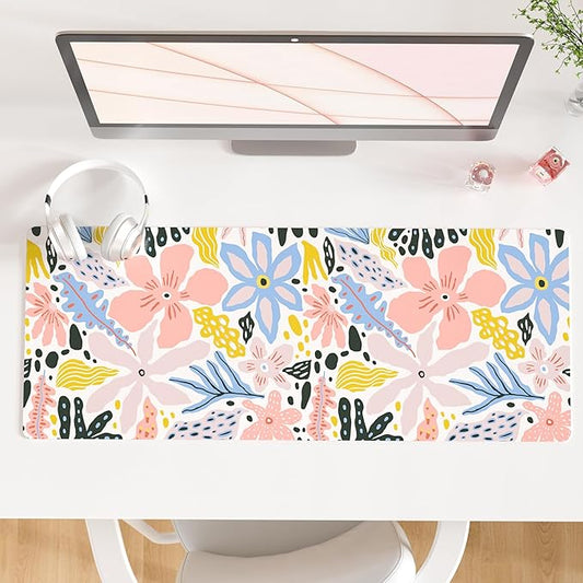 QIYI Floral Large Mouse Pad, Cute Desk Mat for Desktop, Women Girls Desk Accessories Office Décor, PU Leather Waterproof Big Gaming Mousepad, Doodle Flowers Desk Pad Computer Mat, 31.5" x 11.8"