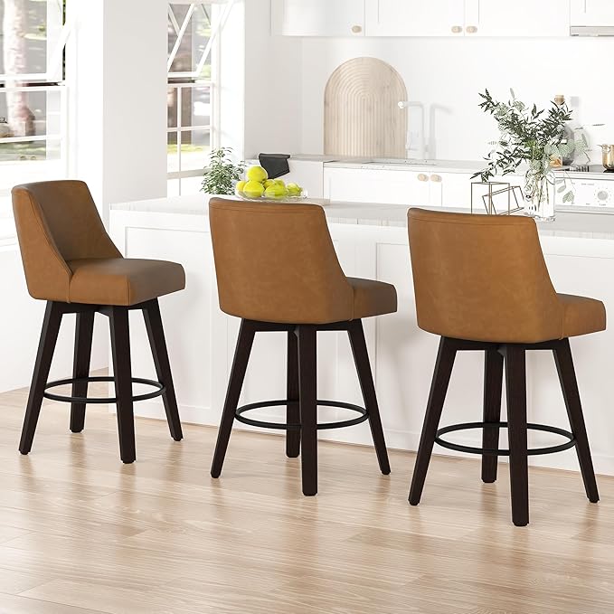 Bar Stools Set of 2, 26" H Counter Height Swivel Bar Stools, Upholstered Kitchen Island Counter Stools with Back and Solid Wood Legs, Faux Leather in Rustic Brown