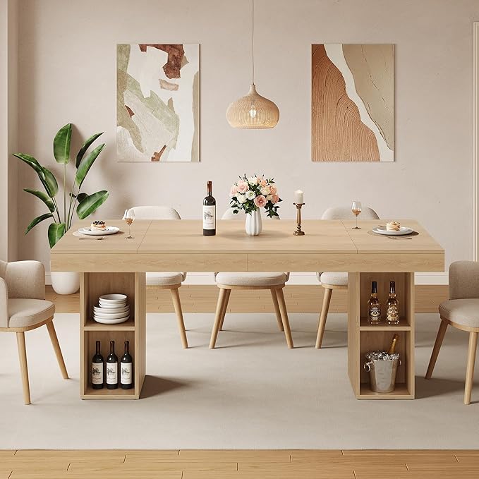 GarveeHome 71-Inch Rectangular Dining Table with Storage, Large Dining Table for 6-8 w/Large Tabletop & Sturdy Frame, Wooden Kitchen Table with Double Pedestal, for Dining Room, Office, Oak