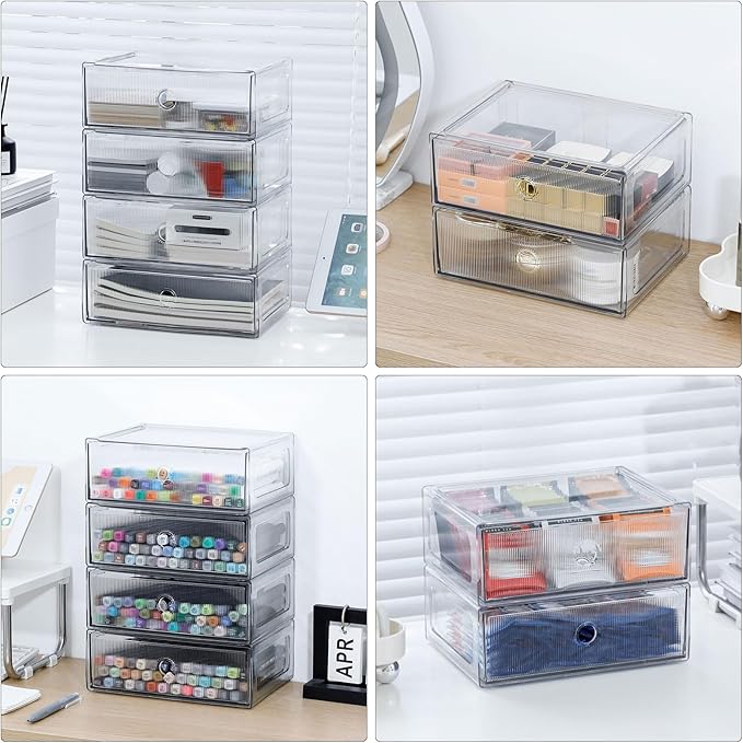 Clear Desk Organizers and Accessories, Plastic Drawer Storage Bins for Home Office Supplies, Marker Pen, Art Crafts, Makeup, Stackable Container for Bathroom, Cabinet, Pantry, 2 Drawers