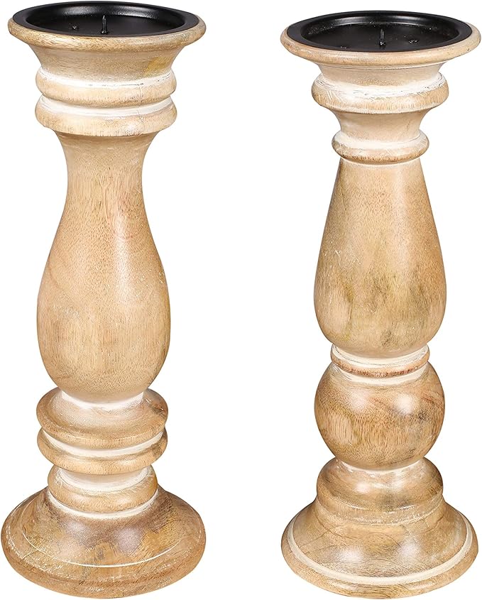 Candle Holder Set of 2 – White Wash Finish Wooden Pillar Stands – 12x4.5 inch, Decorative Candle Holders for Table Centerpiece, Wedding, Party, Home Décor, Spa, Farmhouse Gift