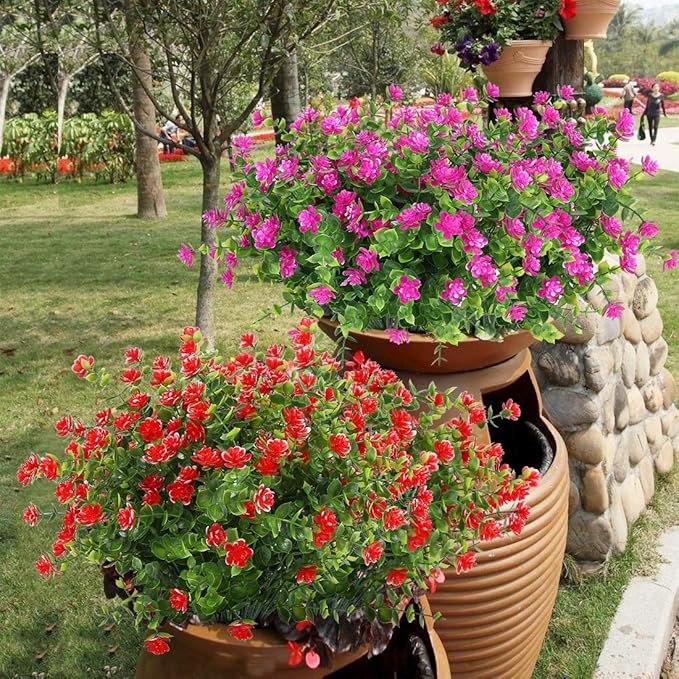 10PCS Artificial Flowers, Fake Artificial Greenery UV Resistant No Fade Faux Plastic Plants for Wedding Bridle Bouquet Indoor Outdoor Home Garden Kitchen Office Table Vase(Red)