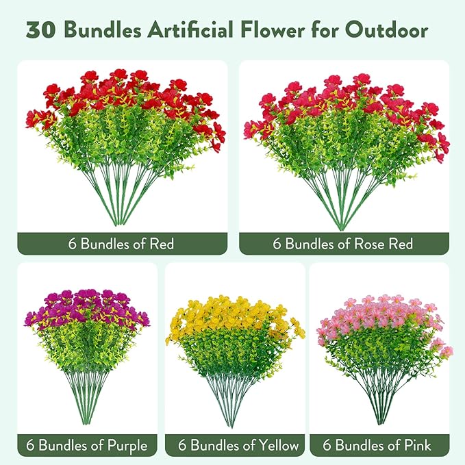 30 Bundles Artificial Flowers Faux Plants Flowers for Outdoor Spring Summer Decoration UV Resistant Artificial Plastic Plants Silk Flowers for Home Planter Porch Window Box Yard