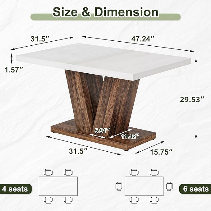 NicBex 47" Dining Table for 4 People, Farmhouse Dinner Table Small Dining Room Tables Rectangular Wooden Kitchen Tables with Heavy Duty Pedestal for Kitchen, Living Room, White & Brown