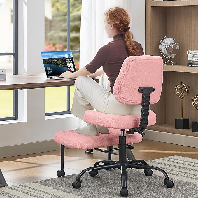 Criss Cross Legged Meditaion Chair,Exquisite Home Office Furniture,Ergonomic Kneeling with Lumbar Support and Adjustable Height Stool,for ADHD Adults,Teddy Fabric (Pink)