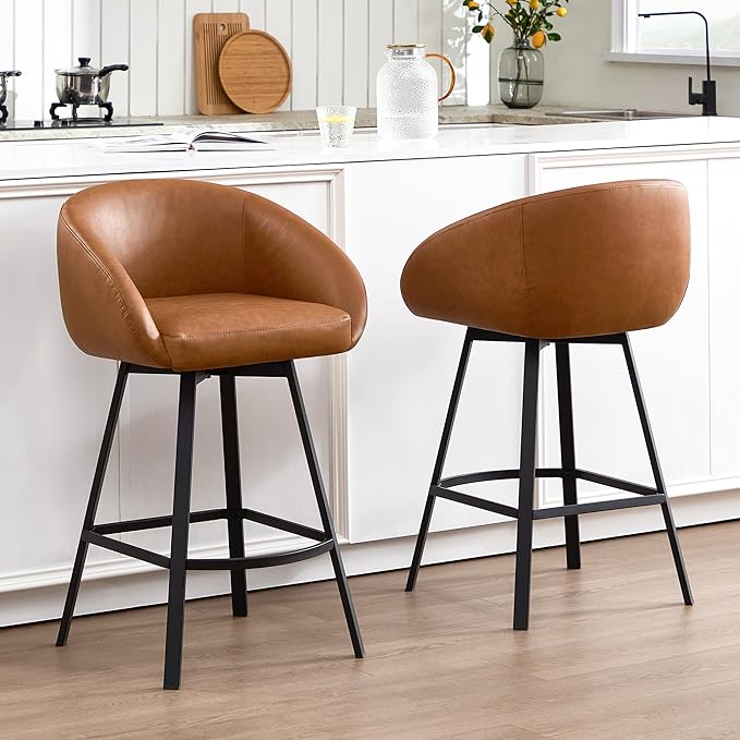 Zesthouse Swivel Counter Height Stools Set of 2, Modern Bar Stools for Kitchen Island, 26" Upholstered Kitchen Counter Height Barstools with Barrel Arms & Backs, Brown Faux Leather Bar Chairs