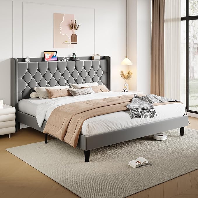 SHA CERLIN King Size Platform Bed Frame with Charging Station, Velvet Wingback Headboard with Storage Shelf, Wooden Slats Support, Ample Under-Bed Space, No Box Spring Needed, Easy Assembly, Grey