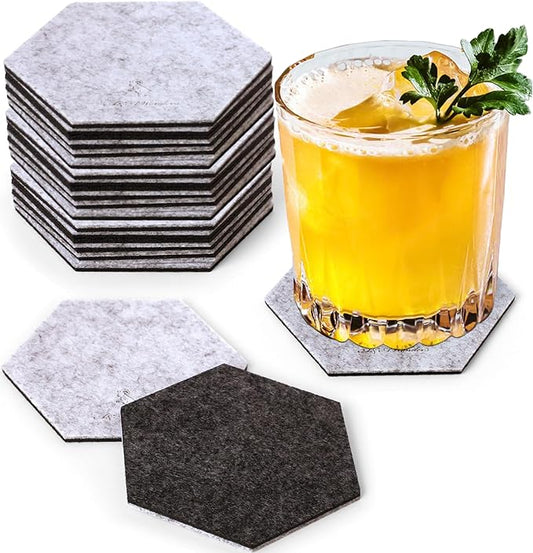 A&A Wonders Premium Felt Coasters for Drink, Two-Tone Reversible, Absorbent Felt Protects Furniture, Table, Anti Slip, Suitable for Drinks & All Table Types (Light Gray/Dark Gray, Hexagon 18 Pack)
