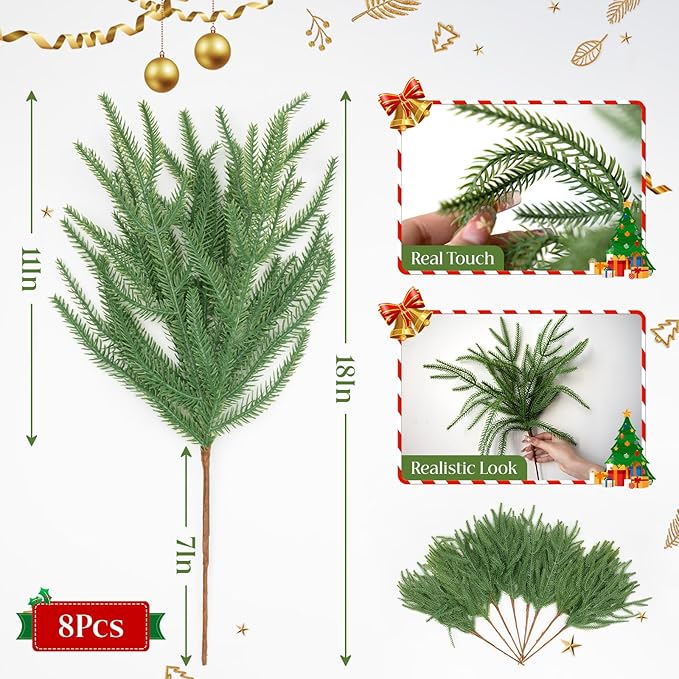 8 Pcs Real Touch Norfolk Pine Branches, 18 Inch Artificial Christmas Green Plants Branches Faux Greenery Stem Fake Cedar Pine Picks for Vase DIY Crafts Garland Wreath Xmas Indoor Outdoor Home Decor
