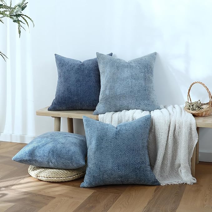 Stellhome Set of 4 Neutral Decorative Throw Pillow Covers Soft Chenille Woven Textured Luxury Accent Cushion Cases for Living Room Couch Bed Sofa Farmhouse Boho Home, 18x18 inch, Neutral Blue