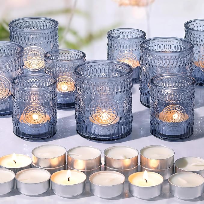 Volens 20pcs Assorted Blue Votive Candle Holders with 20pcs Tealight Candles, Large Glass Votive & Tea Light Candle Holder for Wedding Table Centerpieces, Christmas Party Decorations, Fall Home Decor