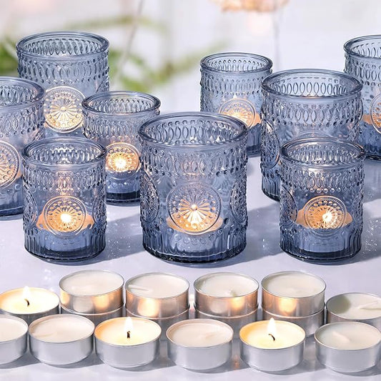 Volens 20pcs Assorted Blue Votive Candle Holders with 20pcs Tealight Candles, Large Glass Votive & Tea Light Candle Holder for Wedding Table Centerpieces, Christmas Party Decorations, Fall Home Decor
