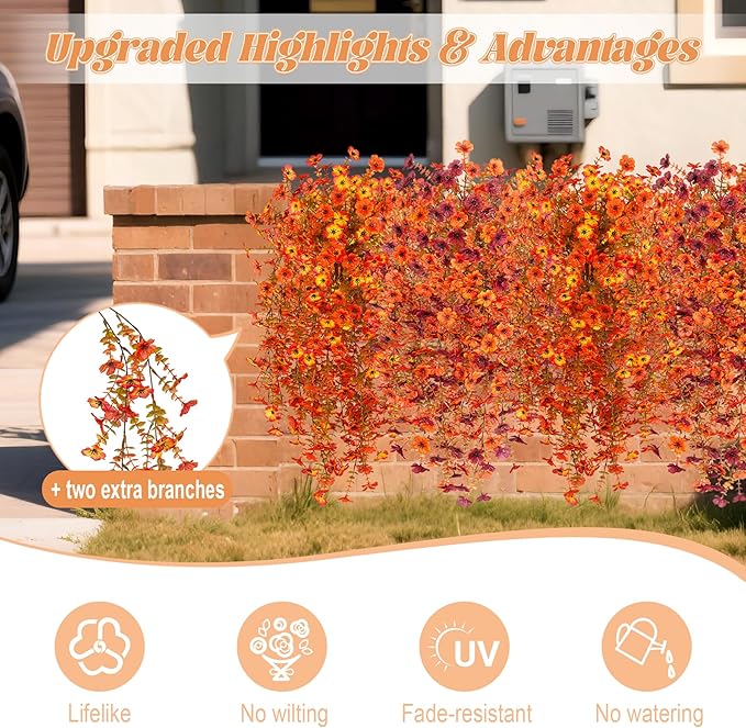 Fake Mums Artificial Fall Hanging Flowers for Outdoors Decoration 2 PCS Faux Mums for Outdoor Planters Fake Plants Look Real Daisy Flower No Fade Autumn Decor for Porch Home Patio Balcony and Yard