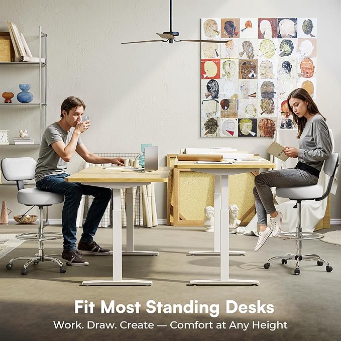 SUPERJARE Drafting Chair with Back, Adjustable Foot Rest Rolling Stool, Multi-Purpose Office Desk Chair, Thick Seat Cushion for Home Bar Kitchen Shop - White