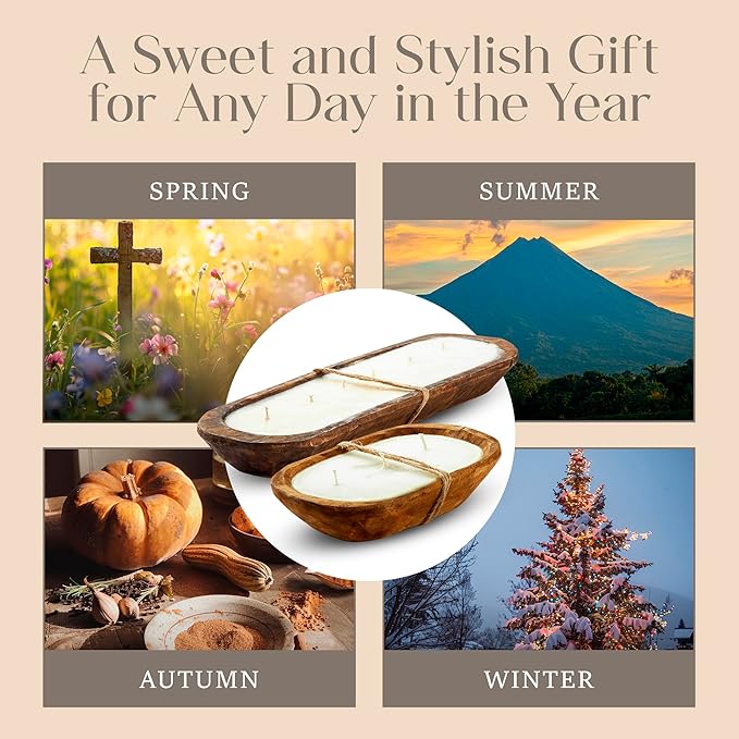 Dough Bowl Candle Co. Winterberry Soy Candle - 3 Wick Rustic Farmhouse Decor Odor Eliminator in Wooden Bowl, 20 Ounce, All-Natural Gift for Women and Men, Coffee Table Decor