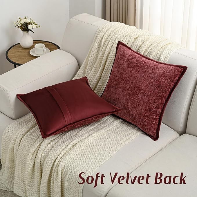FUTEI Burgundy Chenille Throw Pillow Covers 26x26 Inch Set of 2,Soft Cozy Bound Edge Design Euro Pillow Sham,Home Decor for Couch Bed Living Room