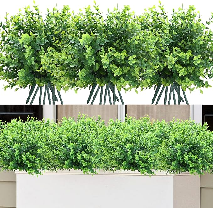 summer flower 10 Pack Fake Boxwood Stems Artificial Plants Eucalyptus Outdoor No Fade Faux Greenery Boxwood Plant for Home Bathroom Wall Front Porch Hanging Planter Garden Shelf Decorations