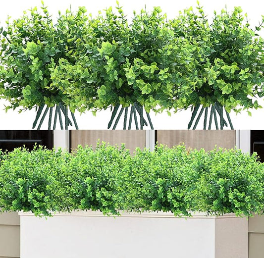 summer flower 10 Pack Fake Boxwood Stems Artificial Plants Eucalyptus Outdoor No Fade Faux Greenery Boxwood Plant for Home Bathroom Wall Front Porch Hanging Planter Garden Shelf Decorations
