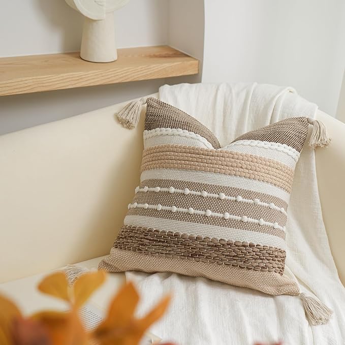 BlissBlush Brown Decorative Throw Pillow Cover 20x20 Square Boho Accent Pillowcase Tassels Farmhouse Cushion for Couch Sofa Bedroom Livingroom Home Décor Cover ONLY (Pack of 1)