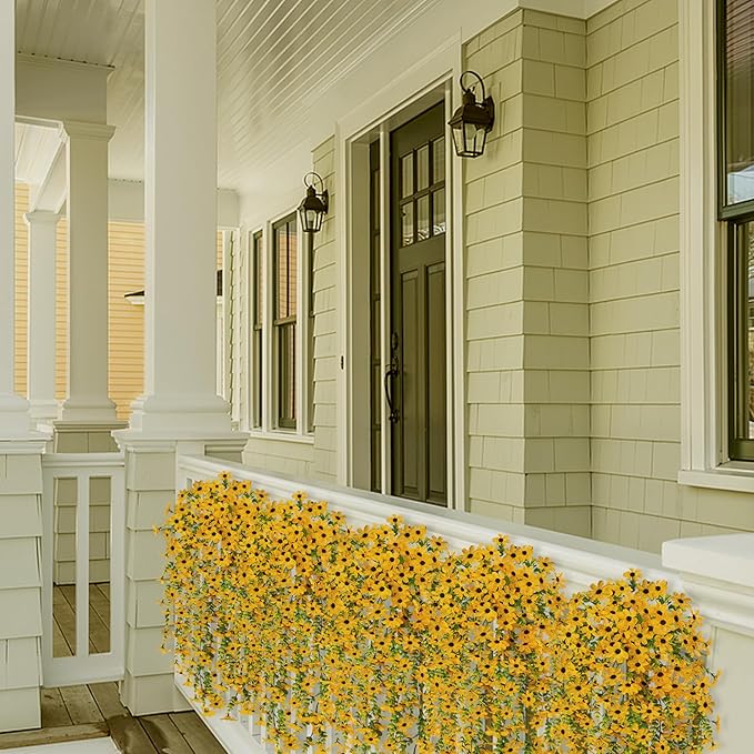 Fake Mums Fall Artificial Hanging Flowers for Outdoors Plants Decoration, 2 Bundles Faux Silk Colorful Daisy Eucalyptus Realistic UV Resistant for Outside Home Planter Porch Patio Yard Decor(Yellow)