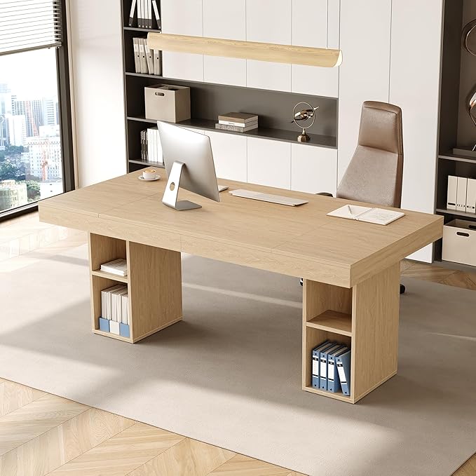 GarveeHome 71-Inch Rectangular Dining Table with Storage, Large Dining Table for 6-8 w/Large Tabletop & Sturdy Frame, Wooden Kitchen Table with Double Pedestal, for Dining Room, Office, Oak