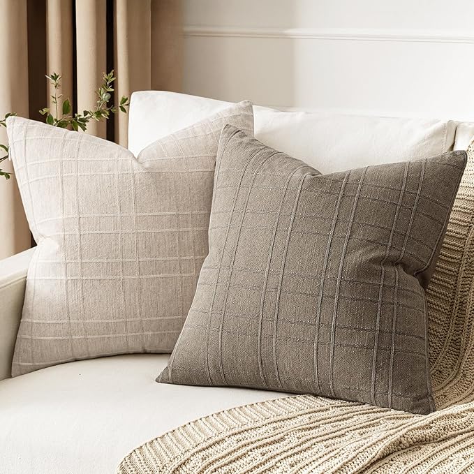 MIULEE Decorative Linen Check Euro Shams Throw Pillow Covers Neutral Farmhouse Vintage Pillow Covers 24x24 Set of 2 Boho Modern Winter Home Decor for Sofa Couch Bedroom Cushion Tan Taupe