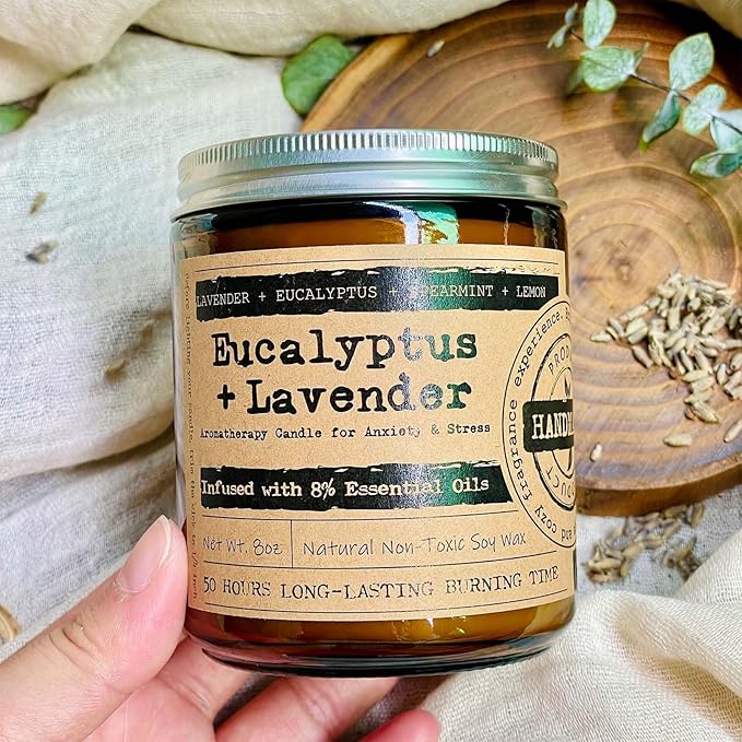 Aromatherapy Candles Lavender Eucalyptus Scented - 8oz Calming Candles for Home Scented Women Candles Gifts Ideal for Relaxation Stress Relief Soothing Anxiety Yoga Meditation Spa Healing Sleep Bath