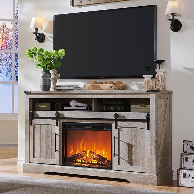 OKD Farmhouse Fireplace TV Stand for 70 Inch TV, 33" Tall Highboy Entertainment Center w/Electric Fireplace, Rustic Media Console w/Sliding Arched Door for Living Room,Light Rustic Oak