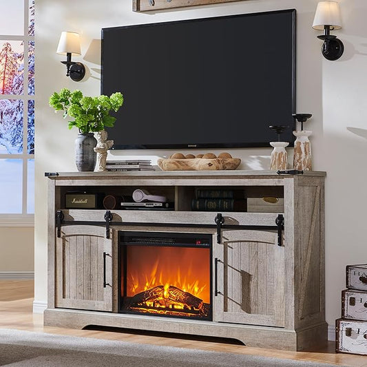 OKD Farmhouse Fireplace TV Stand for 70 Inch TV, 33" Tall Highboy Entertainment Center w/Electric Fireplace, Rustic Media Console w/Sliding Arched Door for Living Room,Light Rustic Oak