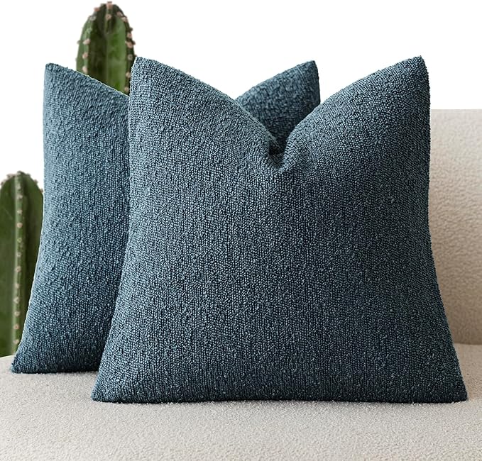 Foindtower Set of 2, Decorative Textured Boucle Throw Pillow Covers Accent Solid Pillow Cases Neutral Couch Cushion Case for Chair Sofa Bedroom Living Room Home Decor 26x26 Inch Dark Blue