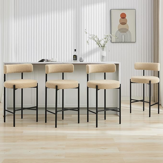 28'' Boucle Bar Stools Set of 4, Beige Bar Stools with Backs, Counter Height Bar Height Stools for Kitchen Island, Upholstered Bar Chairs