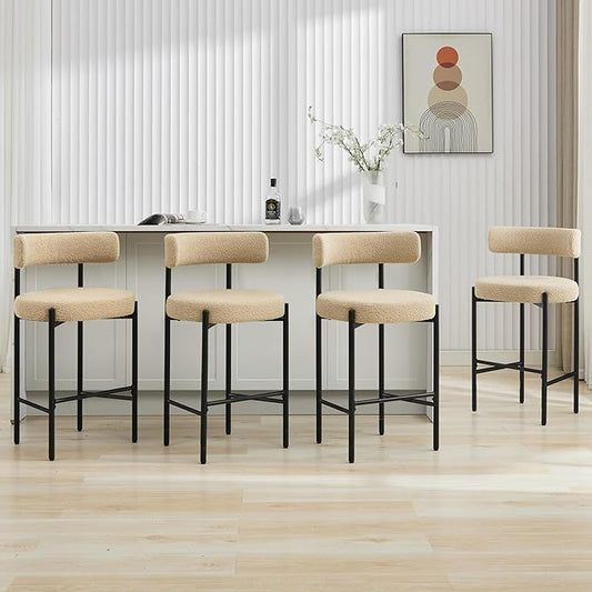 28'' Boucle Bar Stools Set of 4, Beige Bar Stools with Backs, Counter Height Bar Height Stools for Kitchen Island, Upholstered Bar Chairs