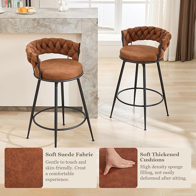 Brown Bar Stools Set of 3, 28 Inch Barstool with Metal Legs, 360° Swivel Counter Height Bar Stools with Woven Back Leather Upholstered, Modern Chair for Kitchen Island, Cafe
