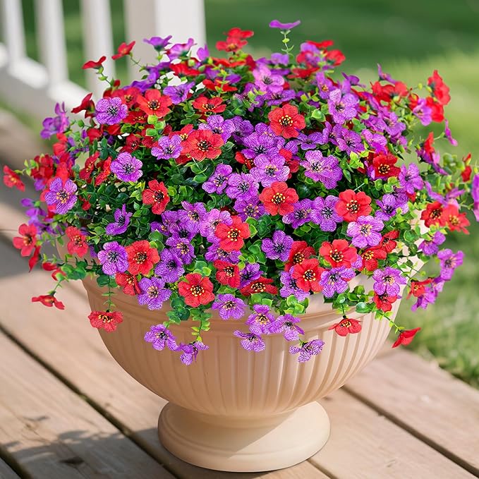 Artificial Fake Plants Flowers for Outdoor Spring Summer Decor, 12 Bundles Faux Silk Daisy for Planter Pot Colorful UV Resistant Look Real for Front Door Porch Patio Outside Yard(Purple Red)