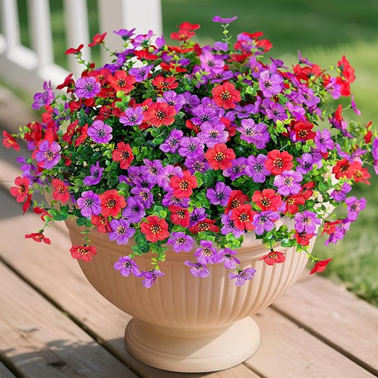 Artificial Fake Plants Flowers for Outdoor Spring Summer Decor, 12 Bundles Faux Silk Daisy for Planter Pot Colorful UV Resistant Look Real for Front Door Porch Patio Outside Yard(Purple Red)