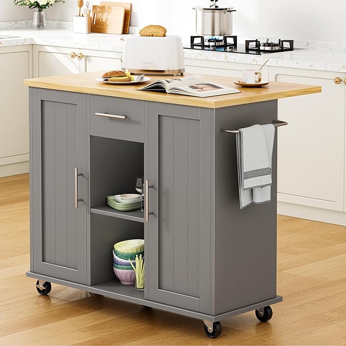 Shintenchi Kitchen Island with Storage, Bar Cart Cabinet Island Table on Wheels, Rolling Microwave Cart for Kitchen with Drop Leaf, Drawers, Towel Rack, Seating Area for Dining Room, Gray
