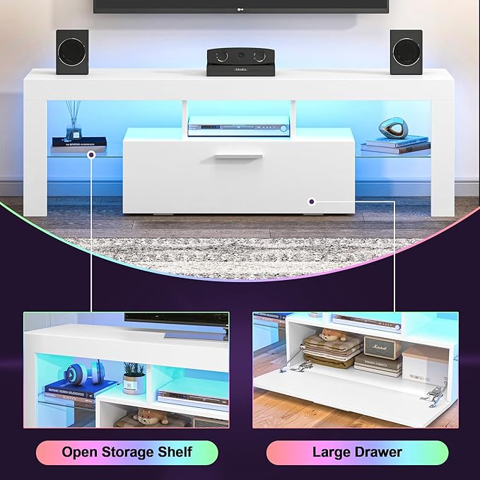 Clikuutory Modern Lighting 51 inch TV Stand with Large Storage Drawer for 32 40 50 55 Inch TVs, TV Console with 20 Color LED Lights, Entertainment Center Media and Open Shelf for Bedroom, White