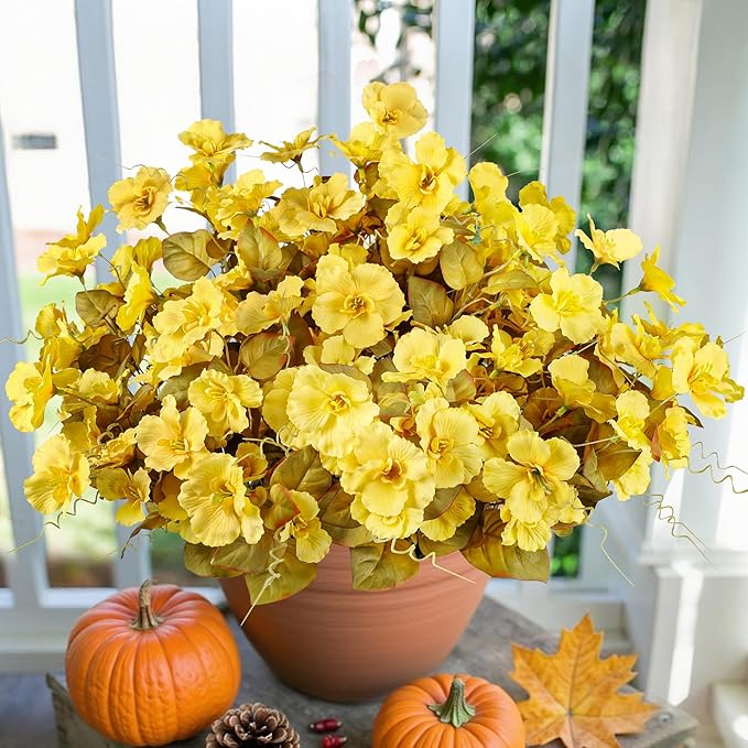 INSPRING Fake Fall Flowers Artificial Mums for Outdoors Autumn Decoration, Faux Silk Flowers Plants Realistic UV Resistant Tropical Flower Artificial for Outside Planter Patio (FYellow, 6 Bundles)