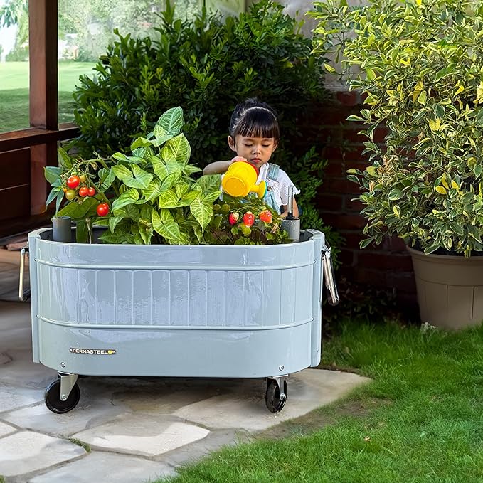 Permasteel Self-Watering Garden Bed, Rolling Planter for Vegetables, Flowers, Herbs, and Fruit, Outdoor Indoor, Caster Wheels, Blue