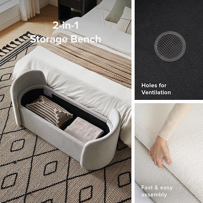 mopio Sophie 51" Ottoman Storage Bench, Entryway and Window Seating, End of Bed Curved Stool for King & Queen Bed, Storage Chest for Bedroom (Light Gray Fabric)