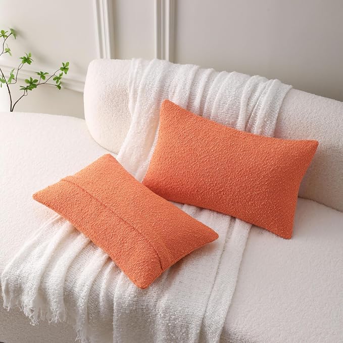 FUTEI Pack of 2 Orange Decorative Throw Pillow Covers 12x20 Inch Soft Cozy Solid Boucle Textured Lumbar Pillow Cases,Modern Home Decor for Couch Bed Living Room