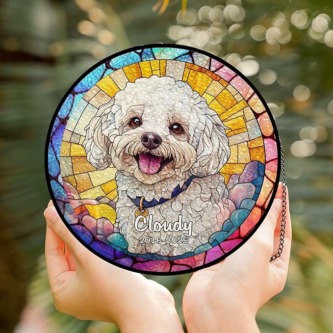 Custom Pet Portrait Stained Glass Suncatcher – Personalized Dog Memorial Ornament, Pet Loss Remembrance Gift, Window Hanging, Bereavement Keepsake, Home Decor