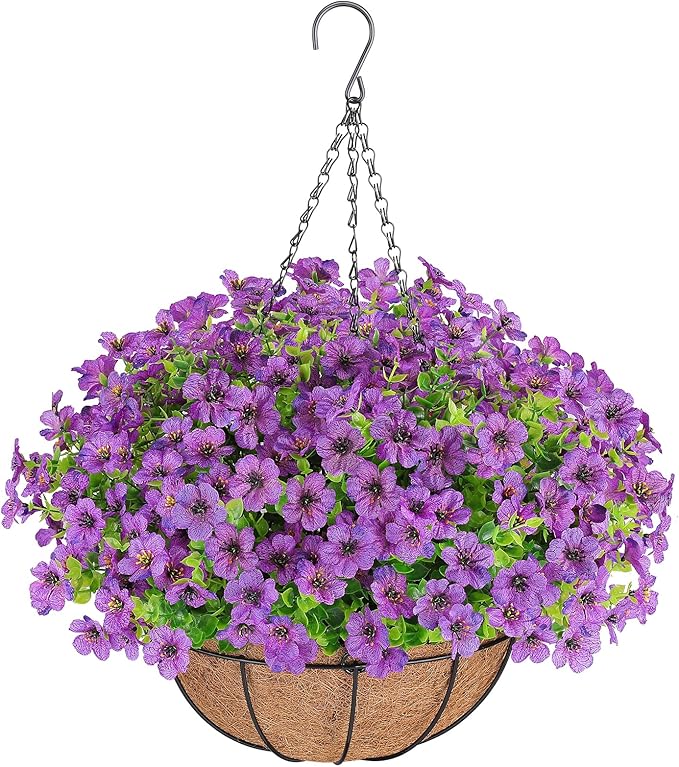 AGIRL Artificial Flowers Hanging Plants in Basket,Artificial Hanging Flowers for Outdoor Indoor Decor,UV Resistant Hanging Baskets with Fake Flowers for Patio Garden Porch Deck Decoration